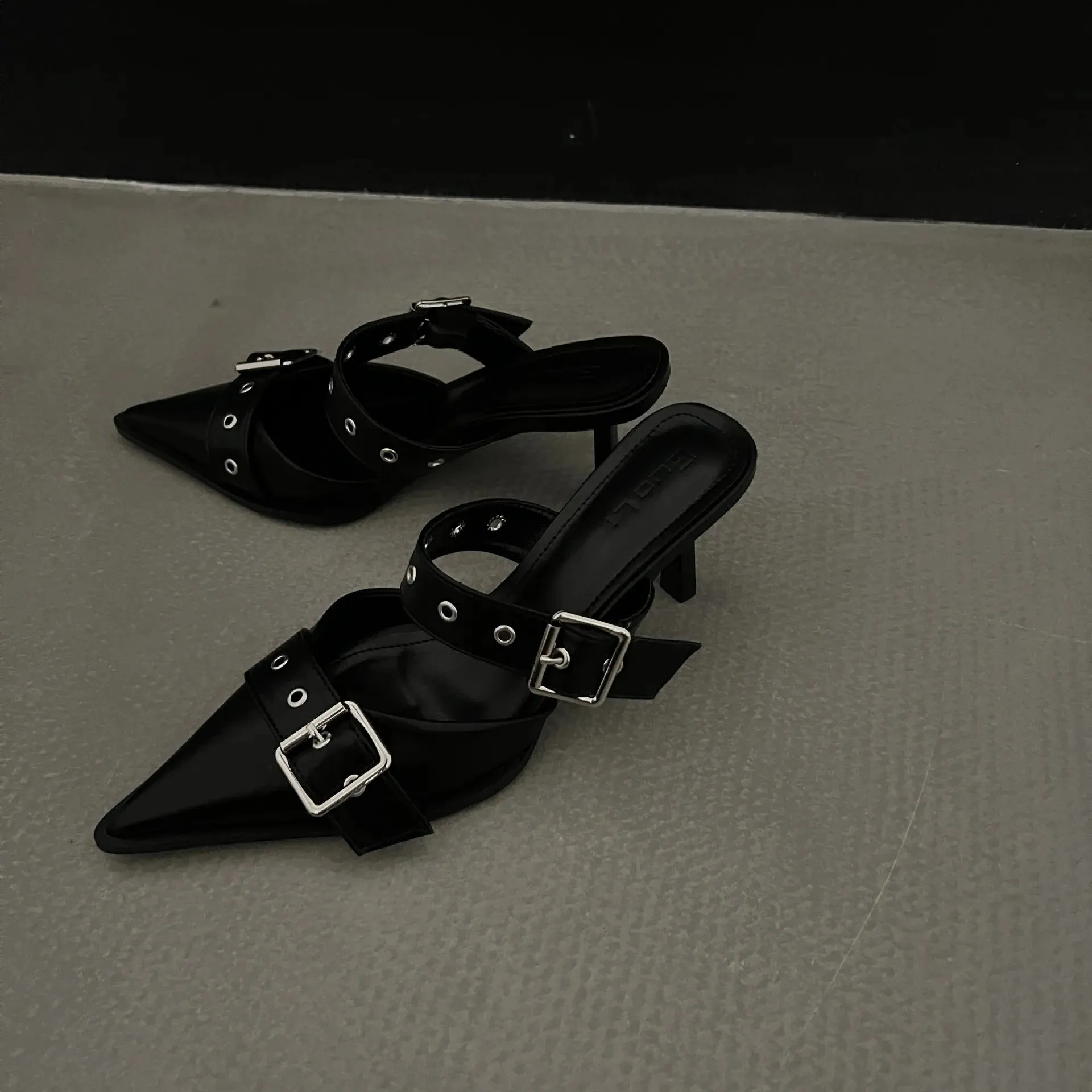 Point Toe Flare Heel Buckle Sandals