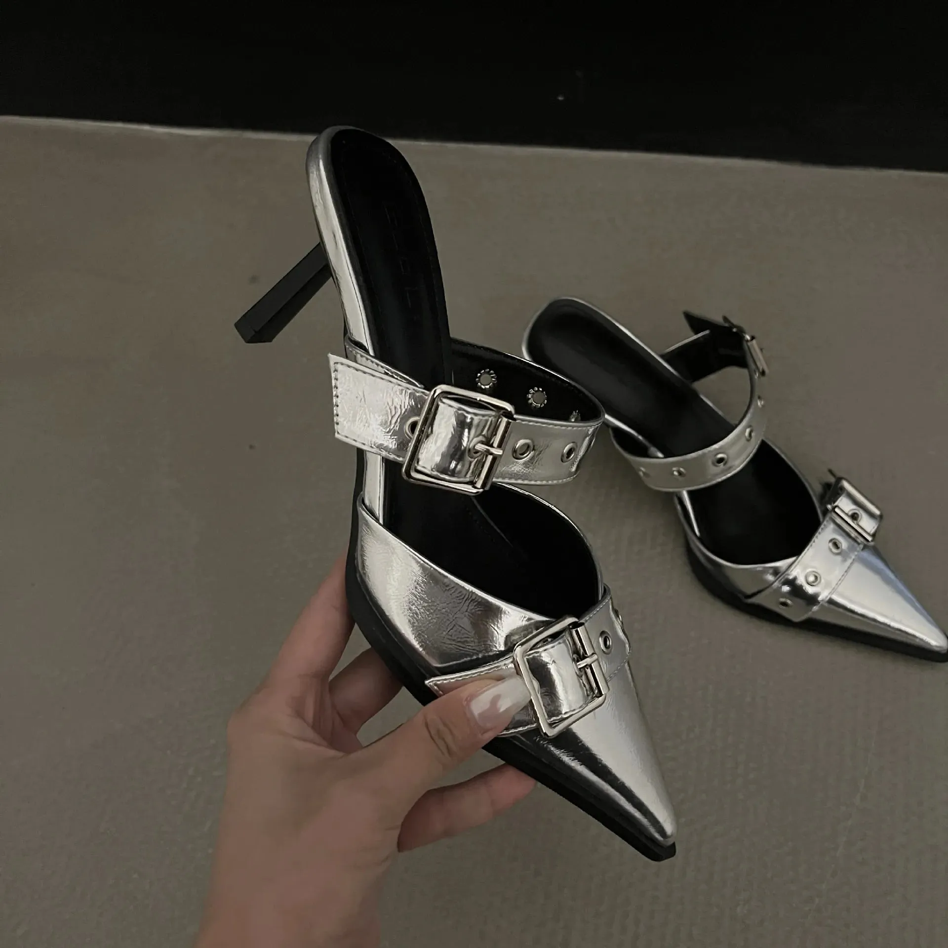 Point Toe Flare Heel Buckle Sandals