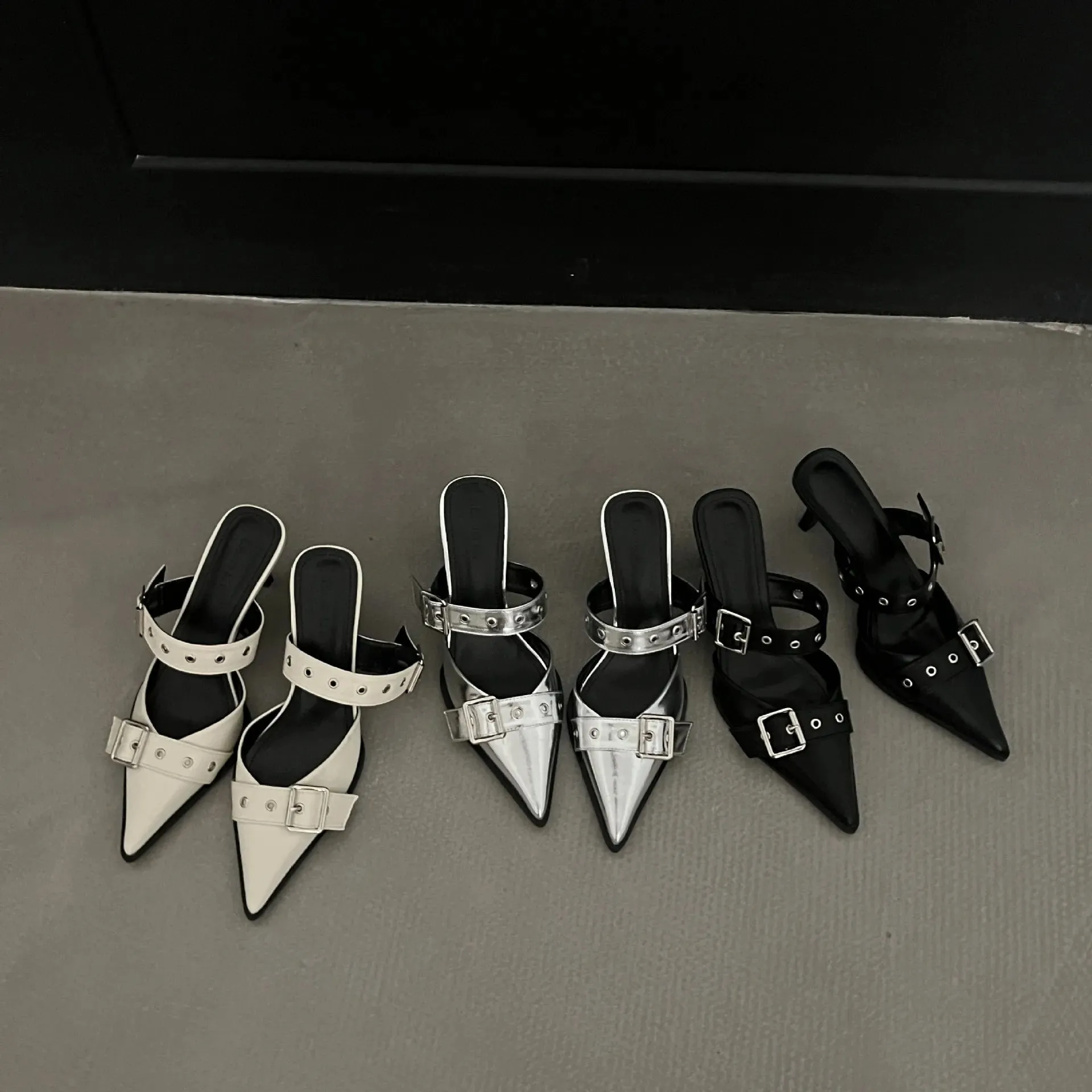 Point Toe Flare Heel Buckle Sandals