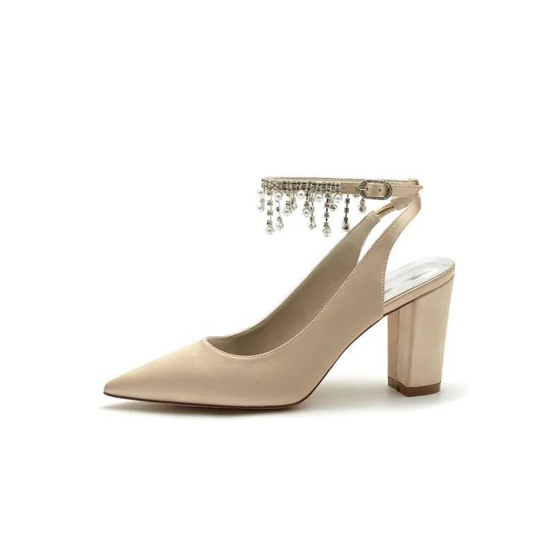 Pointed Toe Satin Chunky Heels With Pearl Tassel