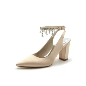 Pointed Toe Satin Chunky Heels With Pearl Tassel
