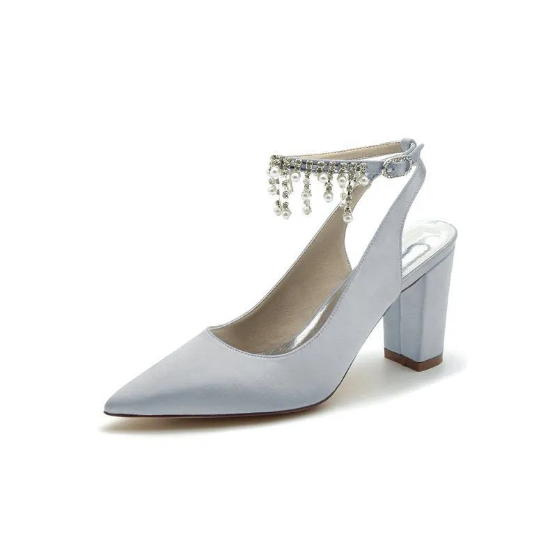 Pointed Toe Satin Chunky Heels With Pearl Tassel