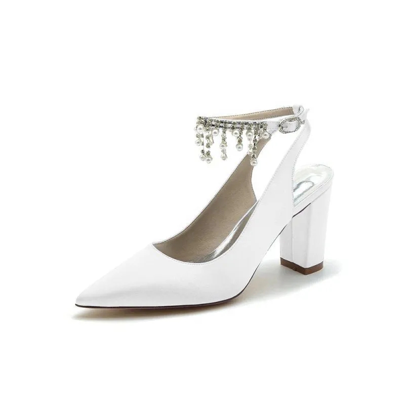 Pointed Toe Satin Chunky Heels With Pearl Tassel