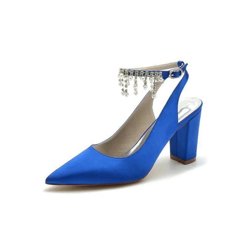 Pointed Toe Satin Chunky Heels With Pearl Tassel