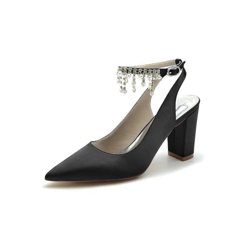 Pointed Toe Satin Chunky Heels With Pearl Tassel