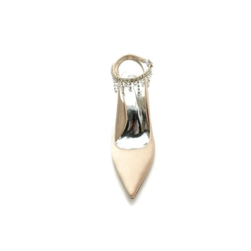 Pointed Toe Satin Chunky Heels With Pearl Tassel