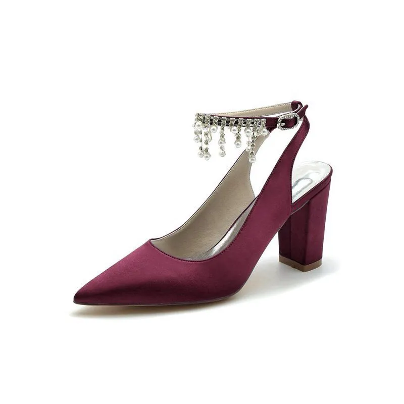 Pointed Toe Satin Chunky Heels With Pearl Tassel