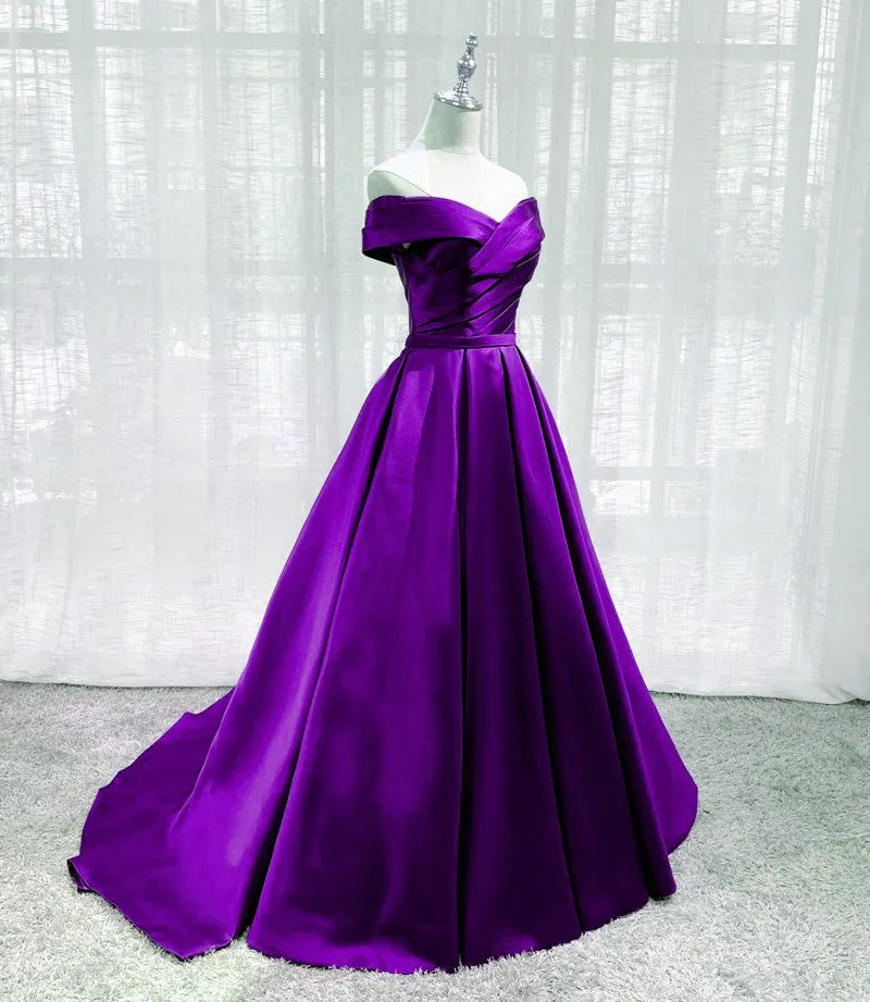 Purple Satin Off Shoulder Long Evening Dress Prom Dress, Purple A-line Party Dresses    fg4593