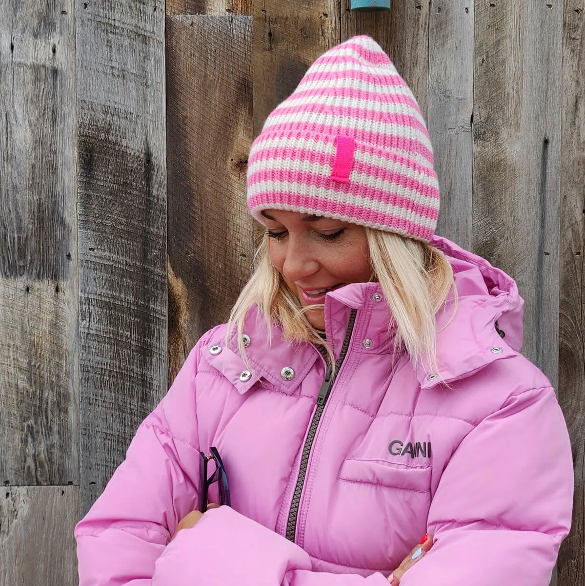 RAE - CANDY / CREAM  Stripe knit Beanie Hat, Special Collab Dlam X Bonnie Mob  no