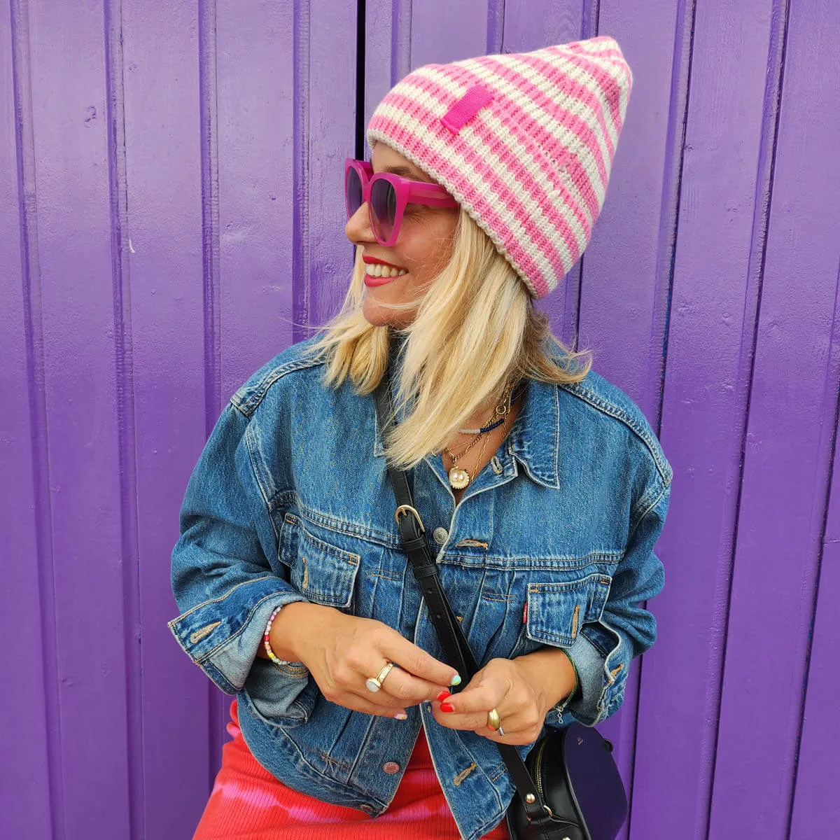 RAE - CANDY / CREAM  Stripe knit Beanie Hat, Special Collab Dlam X Bonnie Mob  no
