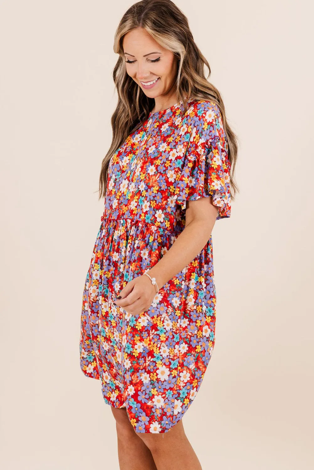Red Dainty Flower Printed Plus Size Short Sleeve Shift Dress