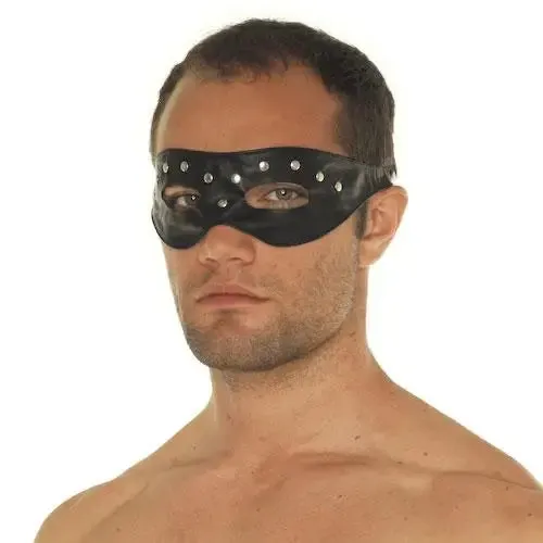 Rimba Black Leather Blindfold with Silver Studs and Open Eyes