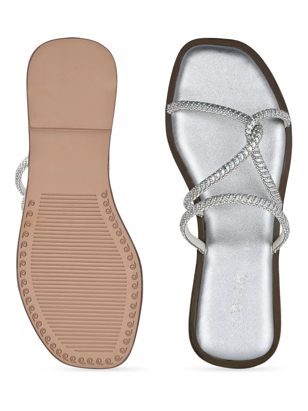 Rocia By Regal Silver Women Strappy Diamond Embellished Flats