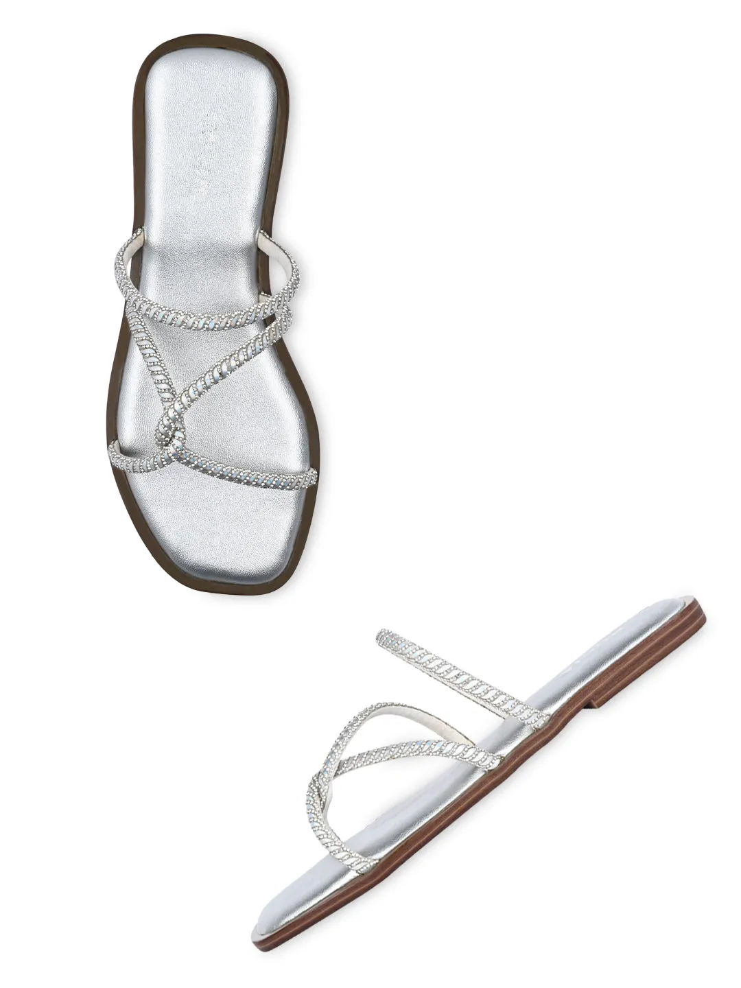 Rocia By Regal Silver Women Strappy Diamond Embellished Flats