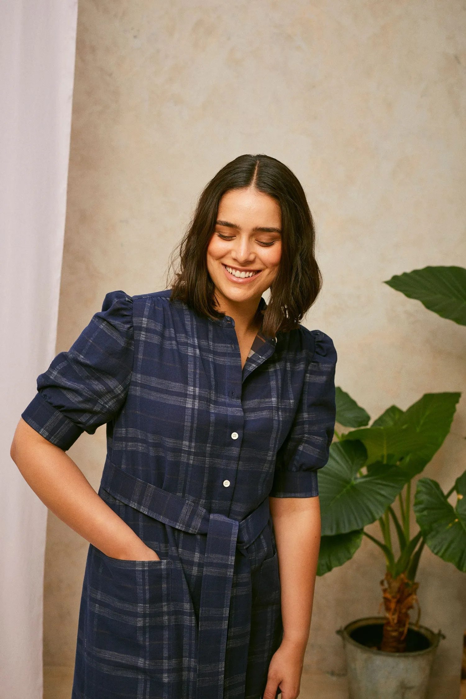 Rosa Puff Sleeve Shirtdress, Navy Check Deadstock Cotton