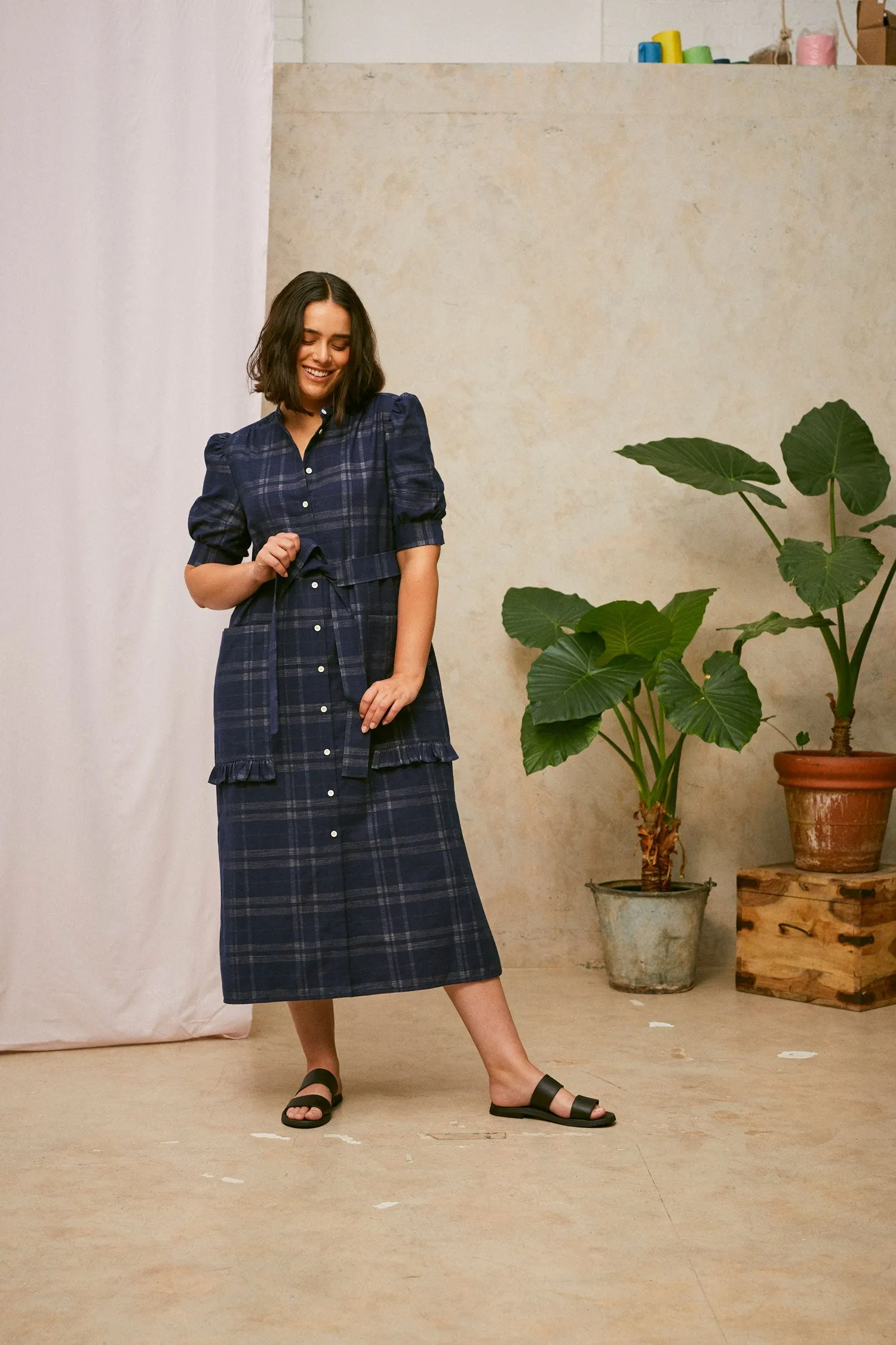 Rosa Puff Sleeve Shirtdress, Navy Check Deadstock Cotton