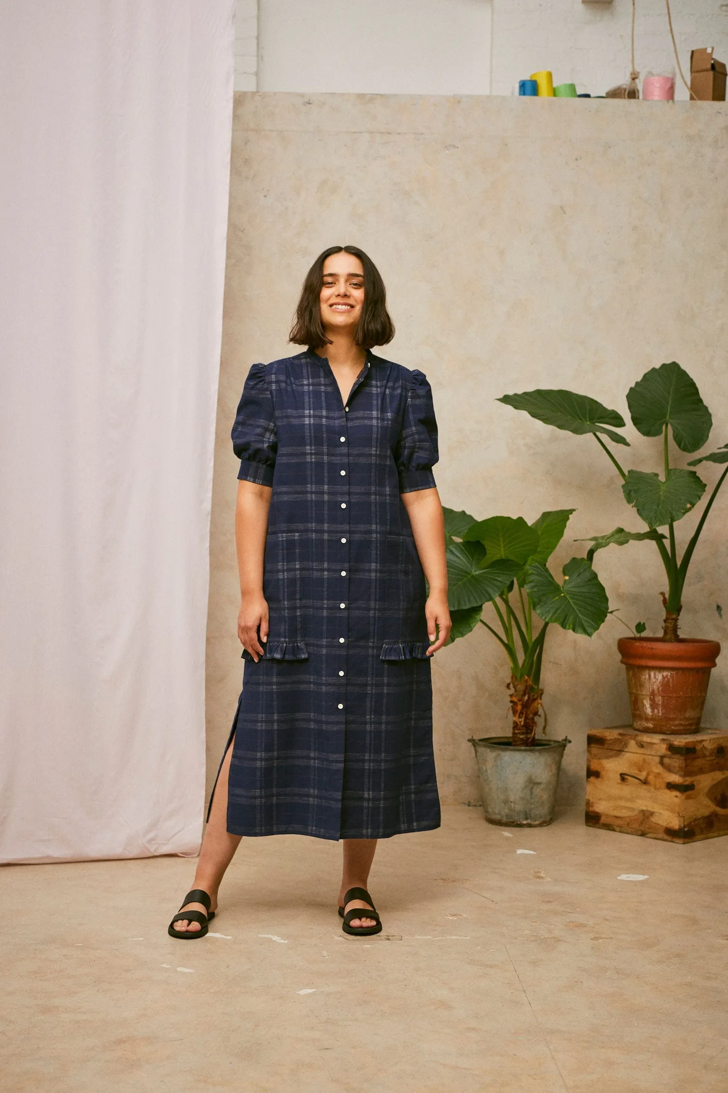 Rosa Puff Sleeve Shirtdress, Navy Check Deadstock Cotton