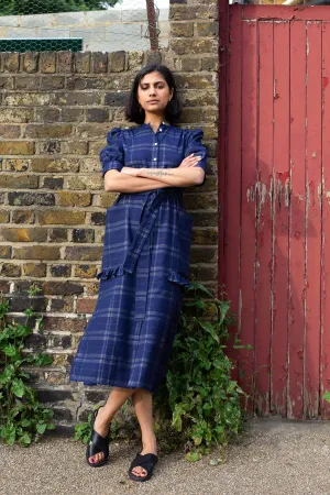 Rosa Puff Sleeve Shirtdress, Navy Check Deadstock Cotton