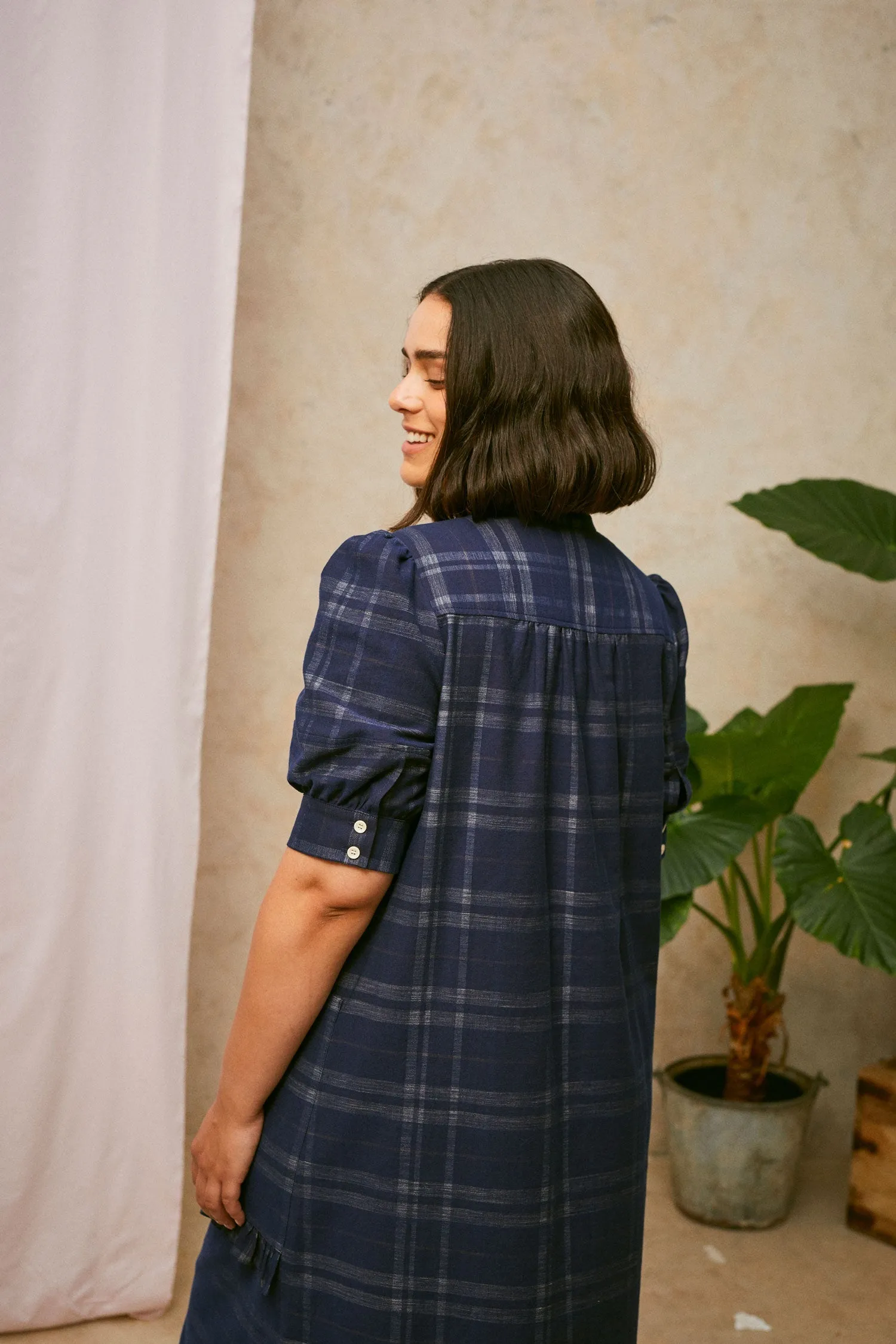 Rosa Puff Sleeve Shirtdress, Navy Check Deadstock Cotton