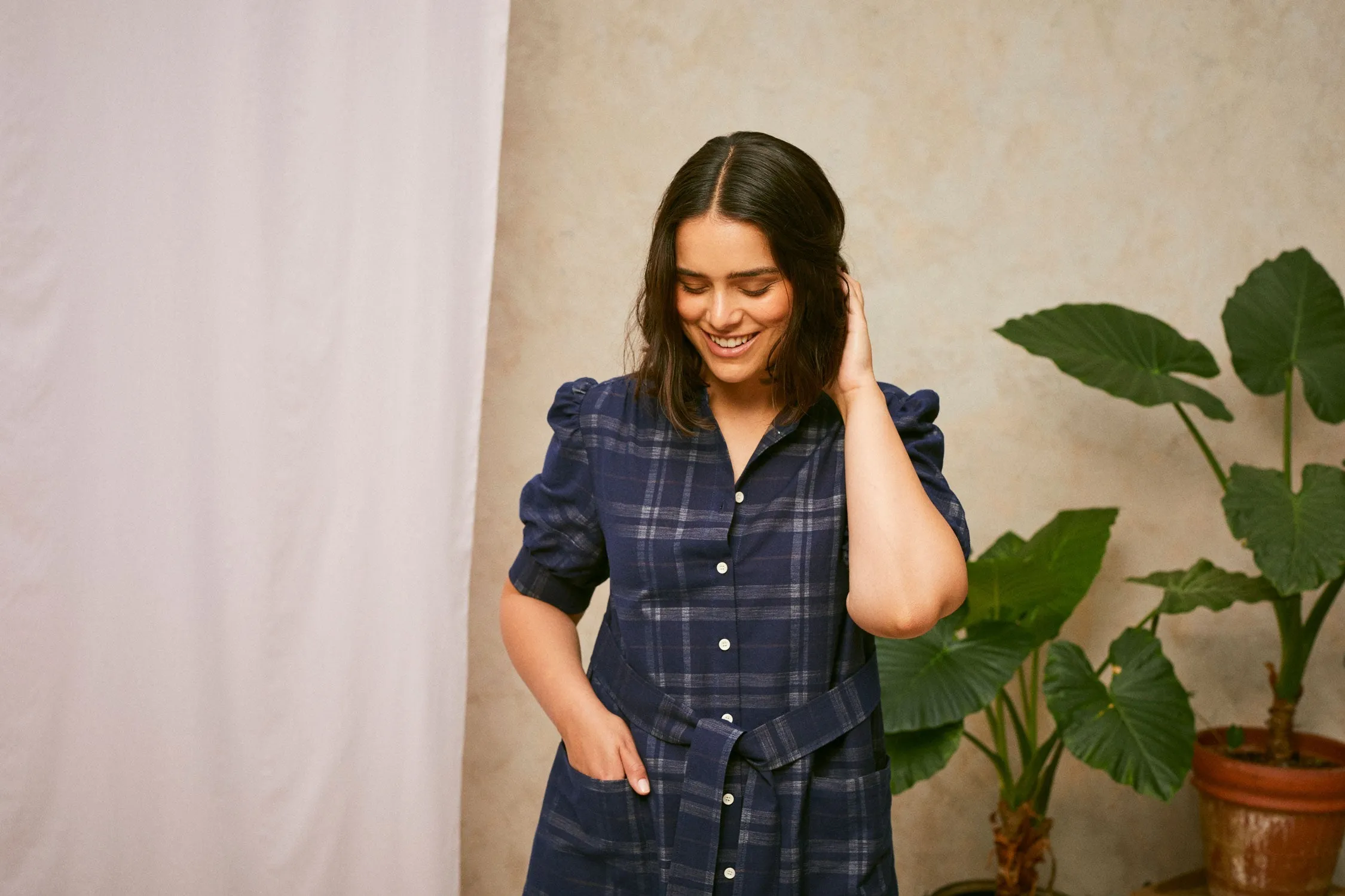 Rosa Puff Sleeve Shirtdress, Navy Check Deadstock Cotton