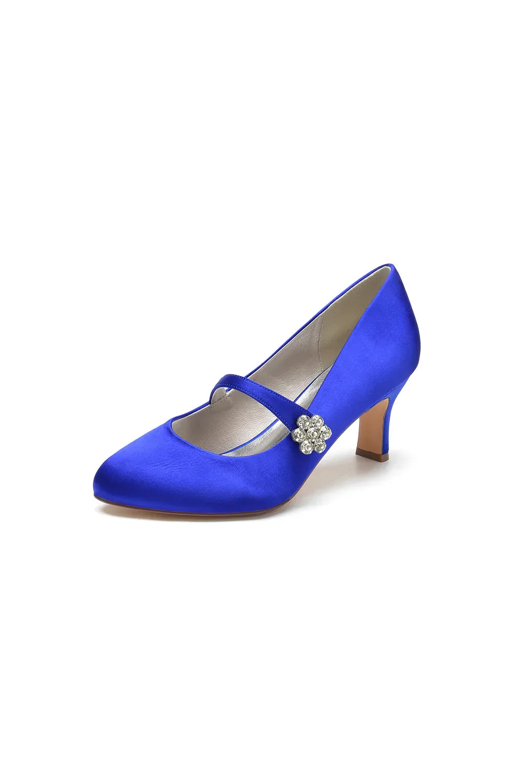 Round Toe Crystal Buckle Strap Chunky Heels