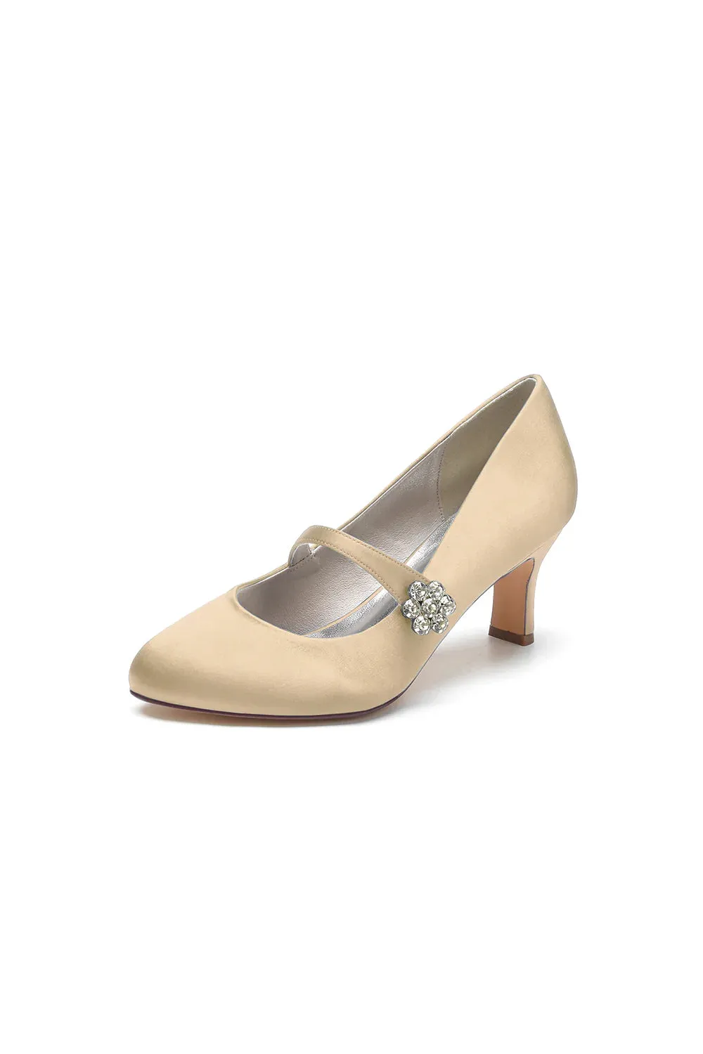 Round Toe Crystal Buckle Strap Chunky Heels