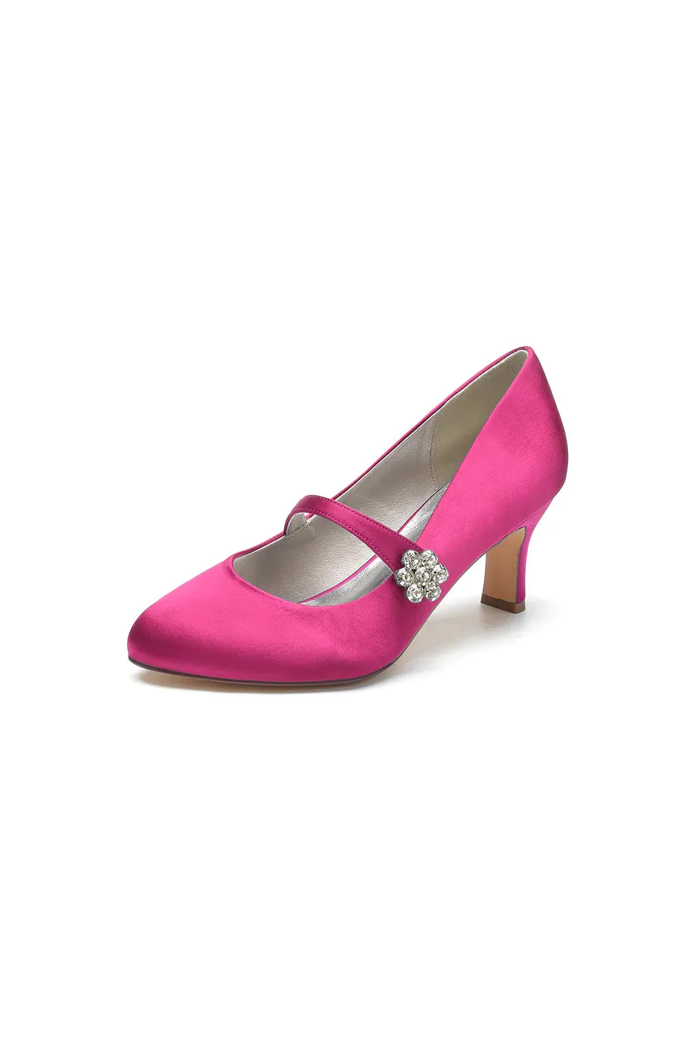 Round Toe Crystal Buckle Strap Chunky Heels