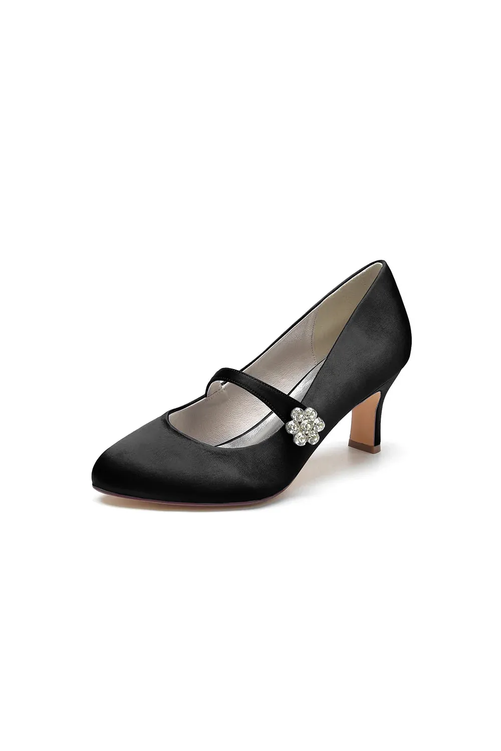Round Toe Crystal Buckle Strap Chunky Heels