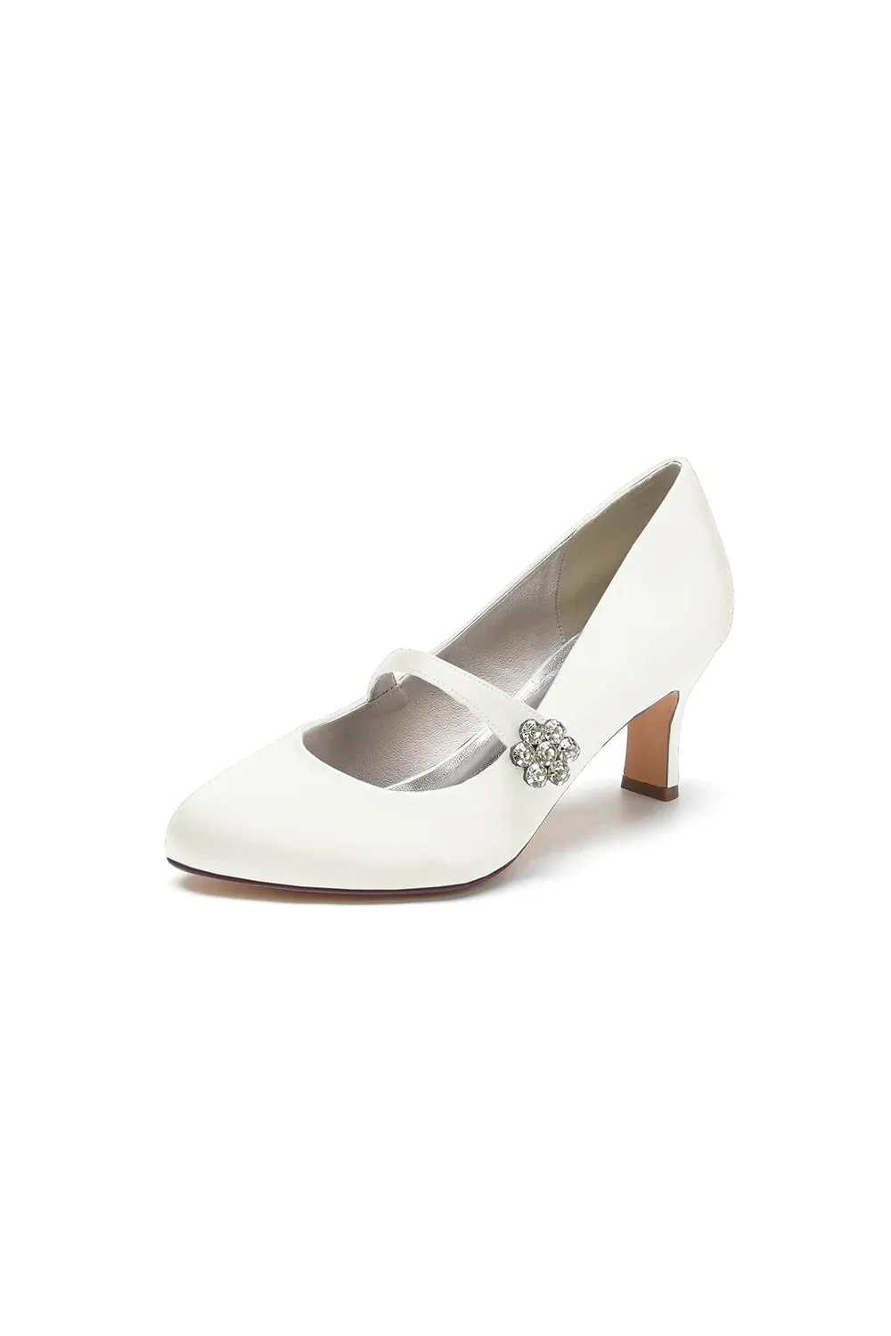 Round Toe Crystal Buckle Strap Chunky Heels