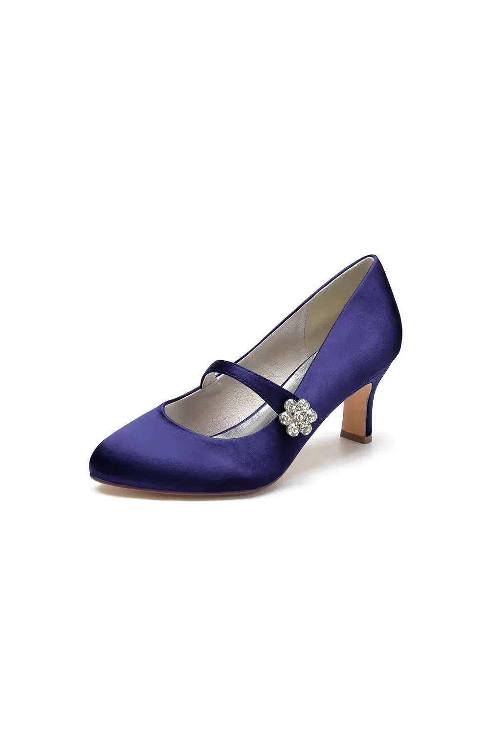 Round Toe Crystal Buckle Strap Chunky Heels