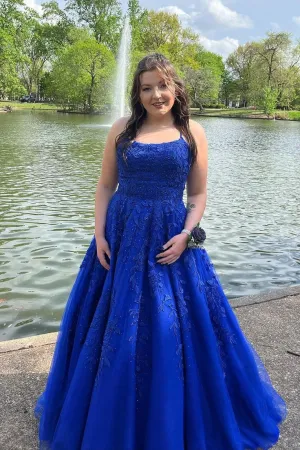 Royal Blue Lace Applique Prom Dresses A Line Long Evening Gown     fg4902