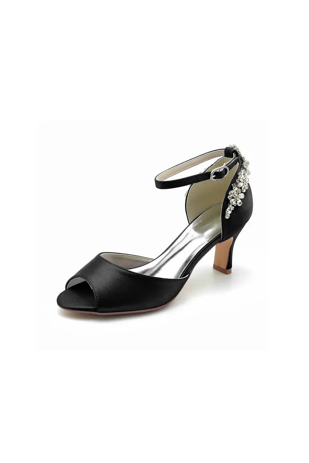 Satin Ankle Strap Rhinestone Chunky Heels