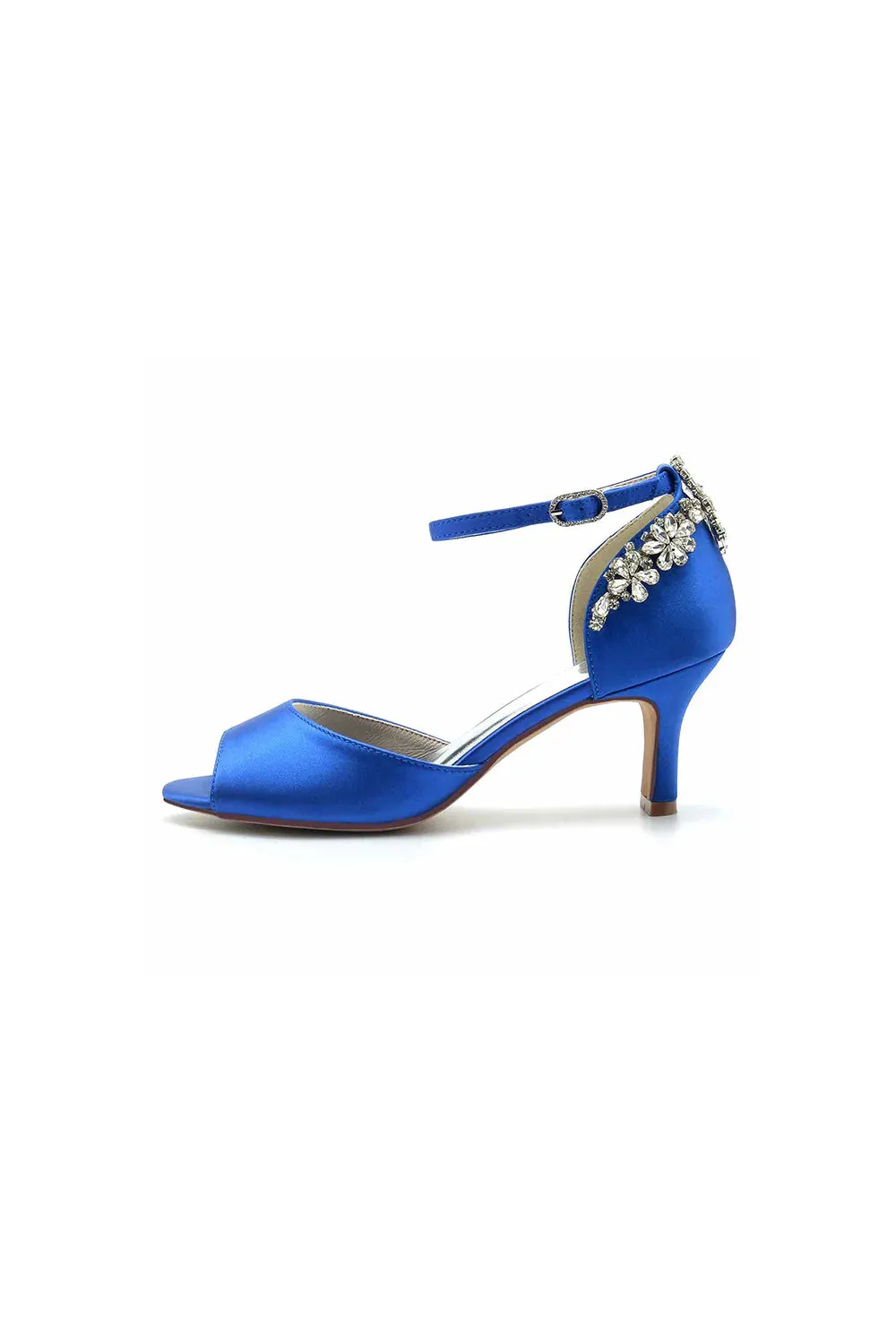 Satin Ankle Strap Rhinestone Chunky Heels