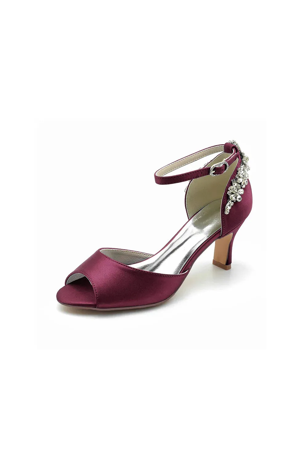 Satin Ankle Strap Rhinestone Chunky Heels
