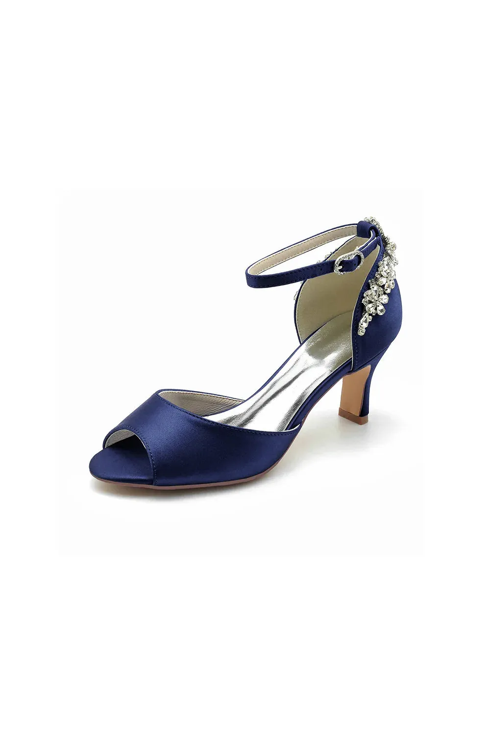 Satin Ankle Strap Rhinestone Chunky Heels