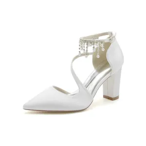 Satin Pump with Pearl-Embedded Chain Heel