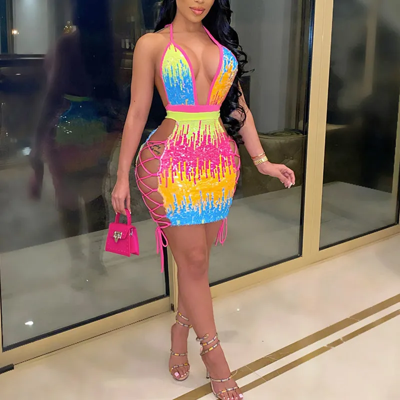 Sequins Colorful Lace-Up Backless Dress