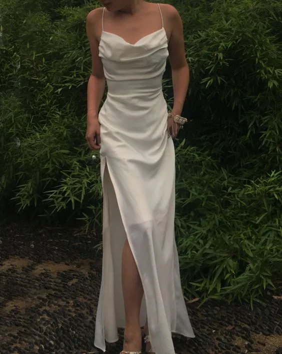 Sexy Mermaid Cowl Neck Spaghetti Straps White Satin Evening Party Dress         fg460