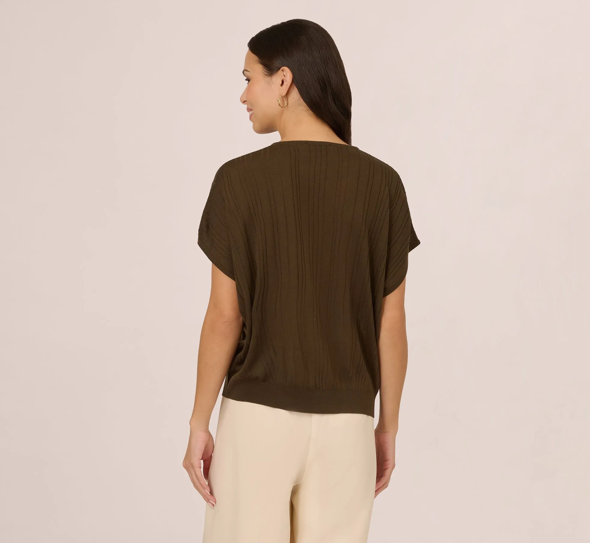 Short Sleeve Lightweight Rib Knit Sweater Top In Chocolate Walnut