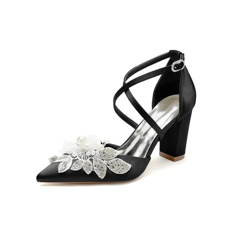 Silk Pump with Handcrafted Flower and Crystal Embellishments