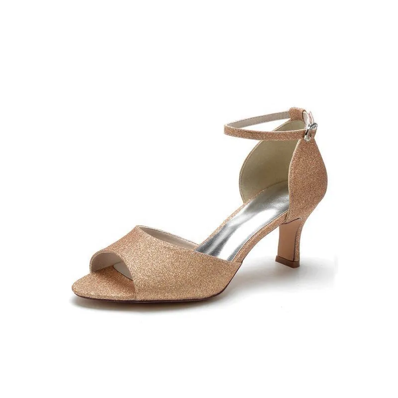Simple Sequin Open Toe Chunky Heels