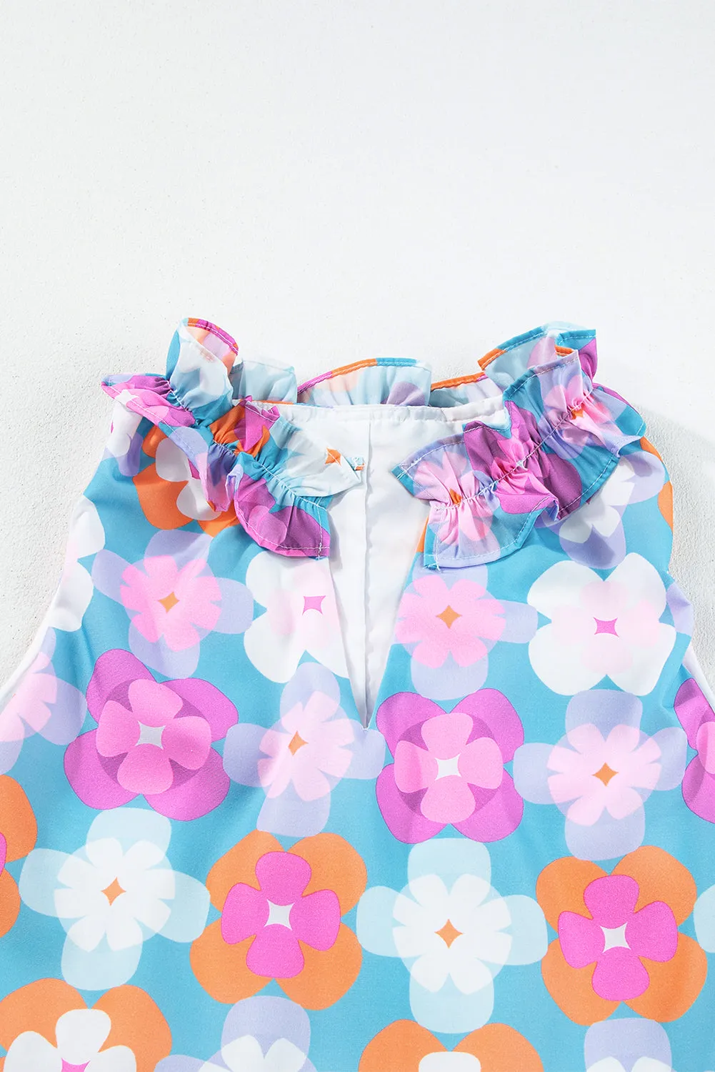 Sky Blue Floral Print Frilly Neck Sleeveless Tiered Maxi Dress