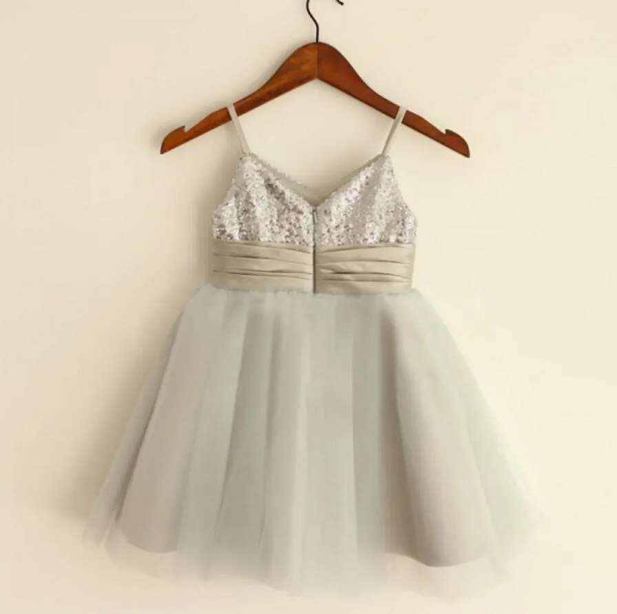 Sparkly Spaghetti Strap V- Neck Light Gray Tulle Flower Girl Dresses With Handmade Flower Sash, FGS027