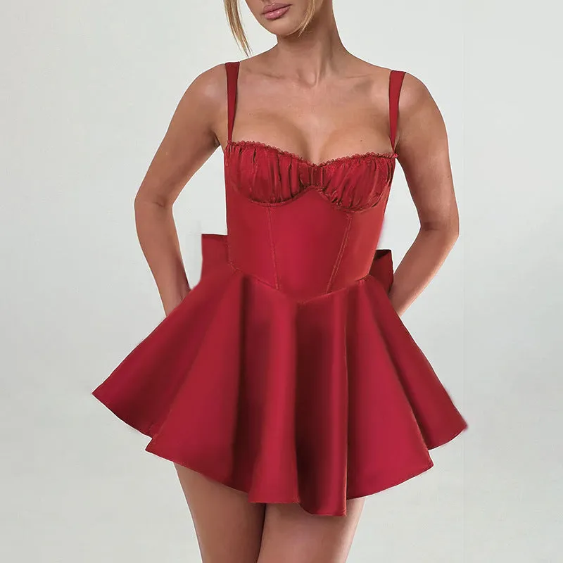 Sultry Corset-Inspired Mini Dress with Flared Skirt and Bow Straps