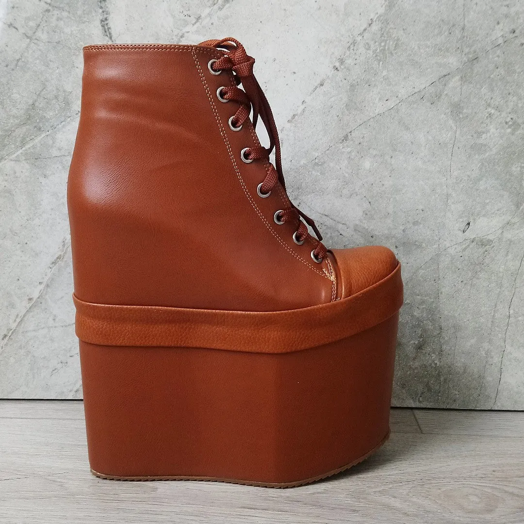 Tobacco Brown Lace Up Platform Wedge Shoes