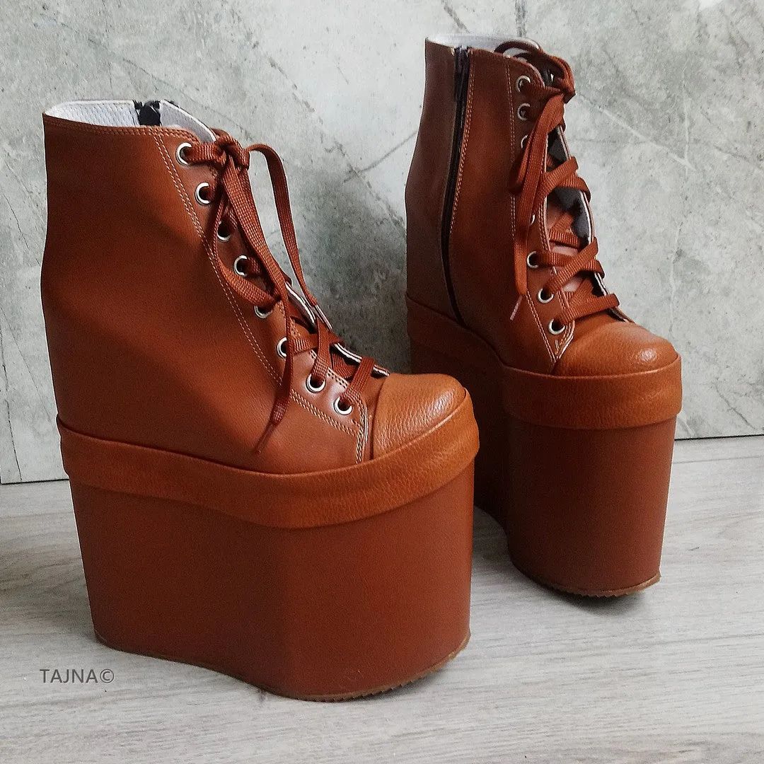 Tobacco Brown Lace Up Platform Wedge Shoes