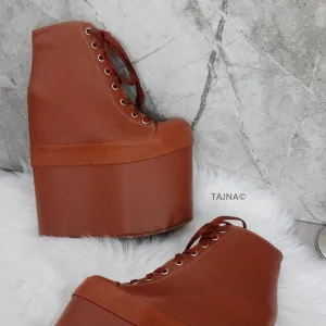 Tobacco Brown Lace Up Platform Wedge Shoes