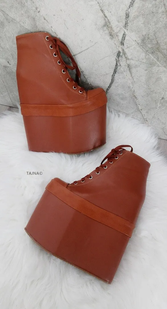 Tobacco Brown Lace Up Platform Wedge Shoes