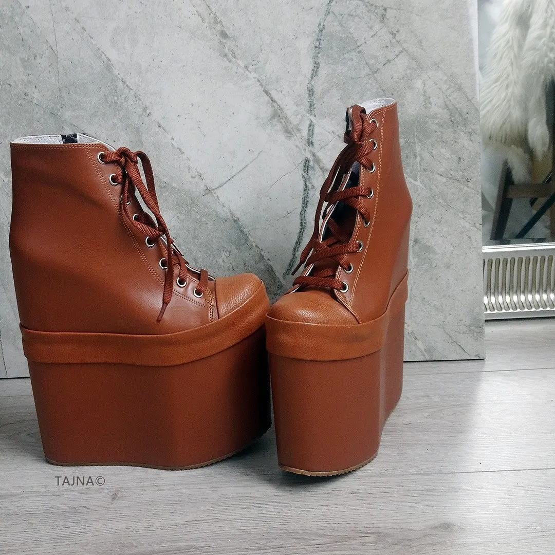 Tobacco Brown Lace Up Platform Wedge Shoes