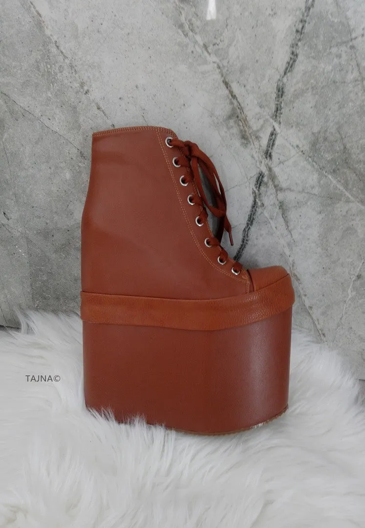 Tobacco Brown Lace Up Platform Wedge Shoes